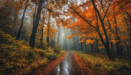 ground road in forest in the autumn season, beautiful nature, rainy weather, cloudy