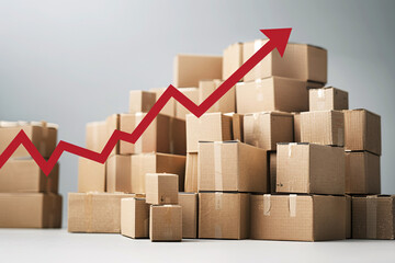 Fototapeta premium Stacked cardboard boxes with a red upward arrow symbolizing growth, business success, and increasing trends