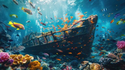 Underwater scene with a sunken shipwreck and fish