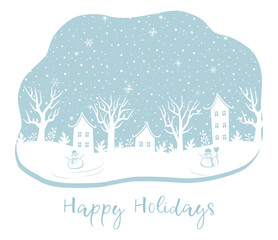 Fototapeta premium Winter Holidays Greeting Card. Christmas Village. White Houses Silhouettes, Trees, Winter Plants, Berries, Snowmen, Birds. Snowfall. Snowflakes. Vector Illustration