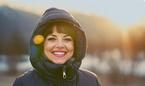 Lifestyle portrait video of a grinning woman in her 30s wearing a warm parka against an abstract background