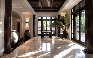 Fototapeta premium Corner of modern office with white and wooden walls, tiled floor
