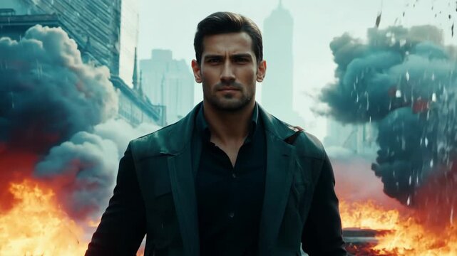 Action shot with brave man walking leaving fire and explosions behind his back. Dynamic scene in action movie blockbuster style
