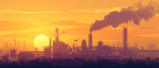 Fototapeta premium Industrial factory silhouette against a bright sunset.