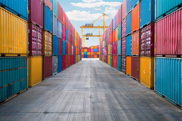 Fototapeta premium Colorful shipping containers stacked on both sides creating a pathway at a port