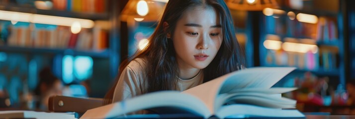 Fototapeta premium Asian teenage student girl studying with a book and laptop in a cafe