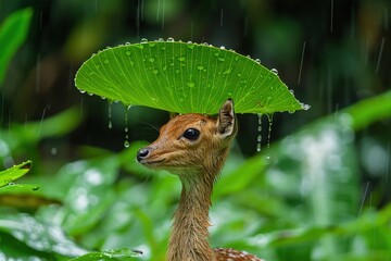 Obraz premium A fawn with a green leaf on its head and raindrops falling on it