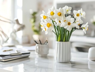 White daffodils in a vase on a white table