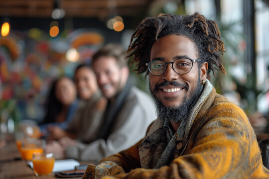 Collaborative brainstorming session in a trendy cafe. A diverse group of professionals engaged in a creative meeting, fostering teamwork and innovation. For promoting diversity and modern work culture