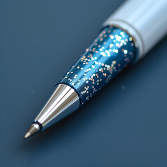 a pen with a blue and white design on it

