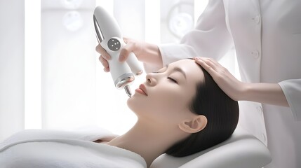 Cosmetologist Applying Advanced Facial Treatment Tools for Asian Client at Beauty Clinic