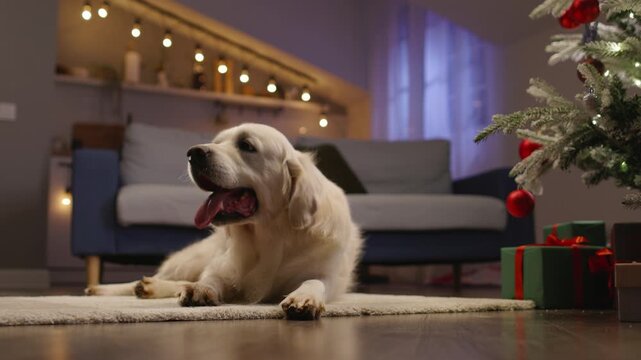 Satisfied dog in New Year's entourage in living room next to Christmas tree, waving his tail. Cinematic advertising. Festive spirit of holiday season brings joy to cozy home. Joyous occasion of Xmas 