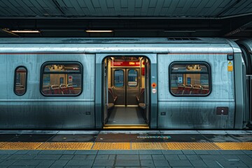A silver subway train door is open, with two windows on each side of the doors.