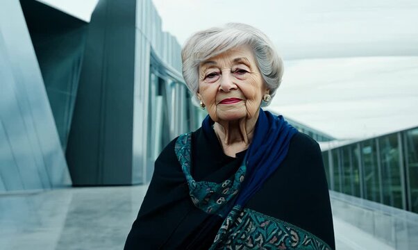 Portrait of a 100-year-old elderly Russian woman in a modern architectural background wearing a foulard
