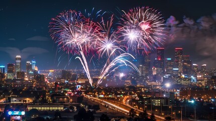 Fireworks display over a cityscape at night.