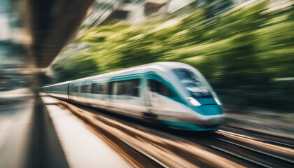 Fototapeta premium A high-speed train captured with panning technique, the train sharply in focus as it races through a blurred landscape, highlighting the sense of motion and speed. 