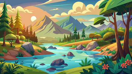 Hand drawn landscape with mountains and nature vector illustration