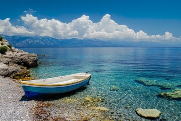 A boat in a beach in clear blue sea