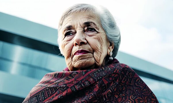 Portrait of a 100-year-old elderly Russian woman in a modern architectural background wearing a foulard