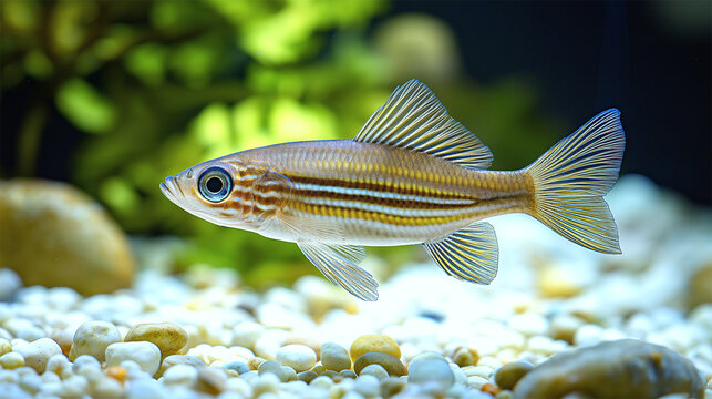 Close-up of Danio rerio zebrafish with distinct stripes in aquarium
