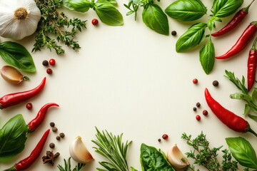 Fresh herbs and spices with blank space.