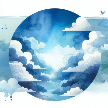 Blue watercolor background with a white cloud