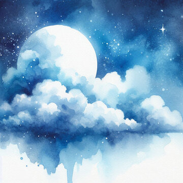 Blue watercolor background with a white cloud