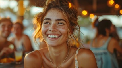 Obraz premium A hyper-realistic candid shot of friends laughing together at an outdoor cafe, their faces lit by the warm, natural sunlight, capturing their genuine expressions and joy