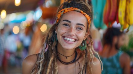 Obraz premium Friends laughing spontaneously at a street food market, their genuine expressions and the vibrant, natural lighting creating a lively and joyful scene