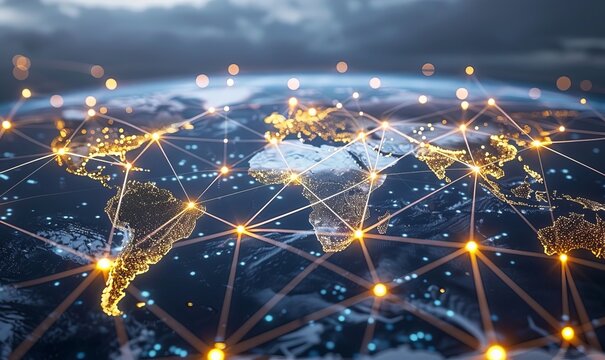 Blockchains global impact on supply chain industry shown by interconnected chain across continents. Concept Blockchain Technology, Global Supply Chain, Interconnected Businesses, Worldwide Impact