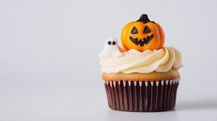 Halloween cupcake with white frosting decorated with a cute fondant ghost and a fondant pumpkin sitting on a white surface
