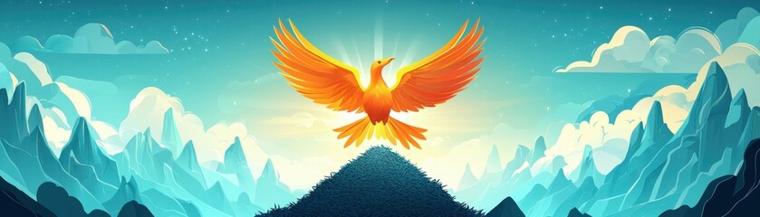 Phoenix rising from ashes symbolizing rebirth, overcoming obstacles, business success concept