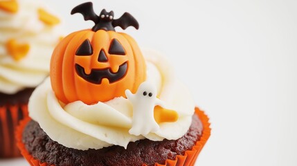 Indulge in a spooky halloween cupcake with orange and white icing, a fondant pumpkin, and a sugar bat