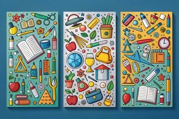 Fototapeta premium School supplies flat design. Big vector set of elements with stationery and school supplies. Office and education equipment - book, notebook, ruler, flasks, paints, pencils and etc. Back to school. 