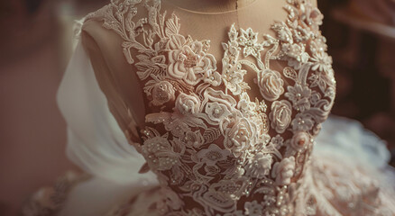 Fototapeta premium Dressmaker meticulously adjusting lace details on a wedding dress displayed on a mannequin in a well-lit studio, highlighting craftsmanship and attention to detail for bridal fashion themes