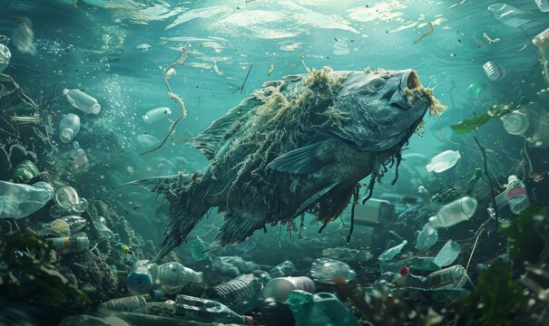 A polluted ocean scene with a dead fish surrounded by plastic waste, emphasizing the impact on marine life. The top of the poster is reserved for environmental awareness messages