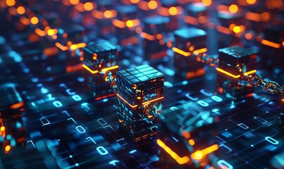 Abstract technology big data background concept. Transferring and storing big data sets. Distributed block chains, servers, high-speed internet