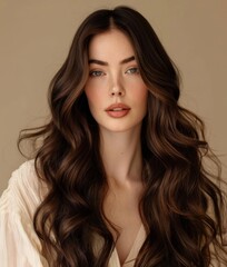 Naklejka premium Confident and Alluring Woman with Long, Wavy Hair and Soft Makeup, Against Beige Background, Showcasing Elegance and Grace