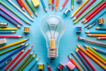 Light bulb on many colorful pencils
