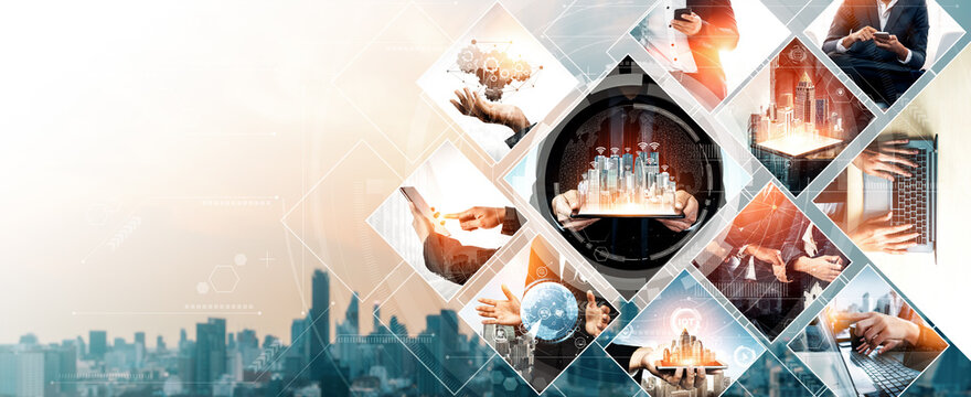 Communication technology , smart connection IOT and people network technology concept. People using connective device to connect to the secured internet network and cloud computing server vexel