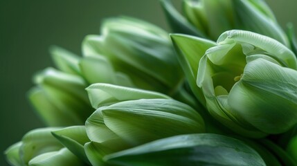   A macro shot of several emerald tulips with foliage atop their stems, set against a verdant backdrop