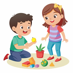 2 kids playing indoor isolated art vector