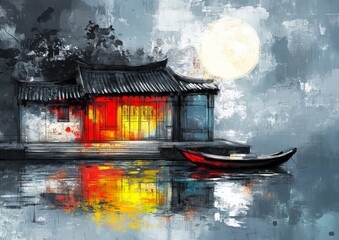 ink artistic conception, abstract painting of a small house on the water with a boat and reflection in the style of Chinese New Year celebration, colorful moon light 