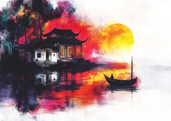 ink artistic conception, abstract painting of a small house on the water with a boat and reflection in the style of Chinese New Year celebration, colorful moon light
