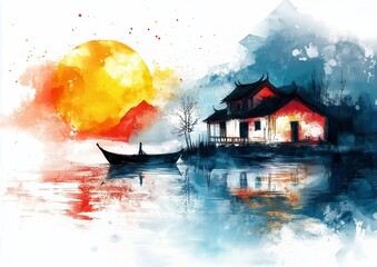ink artistic conception, abstract painting of a small house on the water with a boat and reflection in the style of Chinese New Year celebration, colorful moon light 