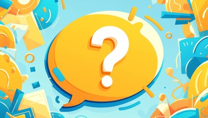Minimalistic Illustration of Orange Chat Bubble with Question Mark on Light Blue Background, Emphasizing Inquiry and Communication