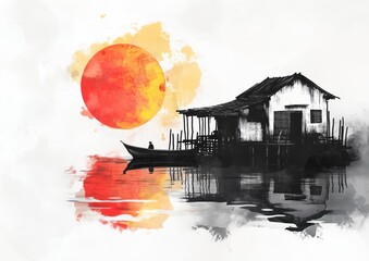 ink artistic conception, abstract painting of a small house on the water with a boat and reflection in the style of Chinese New Year celebration, colorful moon light 