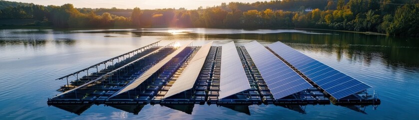 Fototapeta premium Floating solar panels on a calm lake, renewable energy concept.