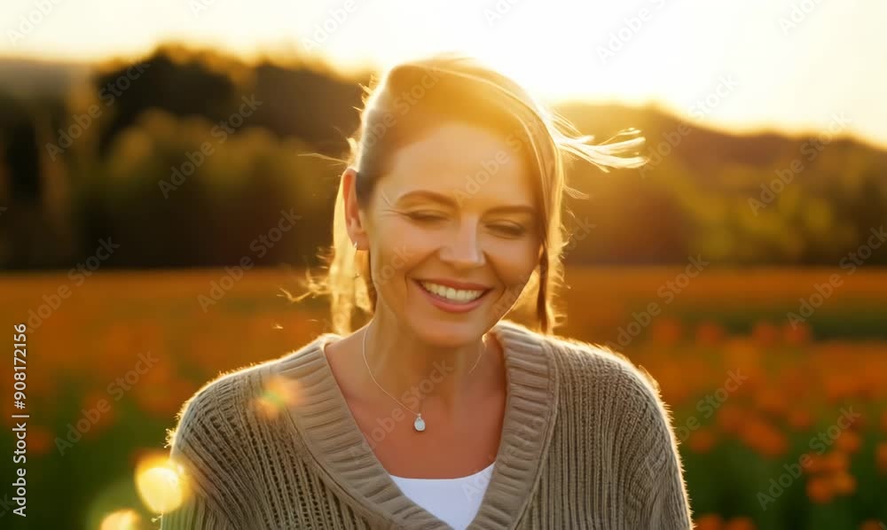 Canvas Prints Medium shot portrait video of a satisfied woman in her 40s wearing a chic cardigan against a field or meadow background