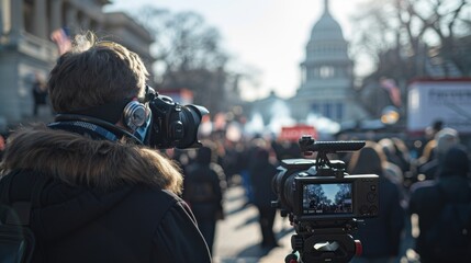 Realistic image of a presidential inauguration with the president's face obscured by a mask, crowds in the background. 